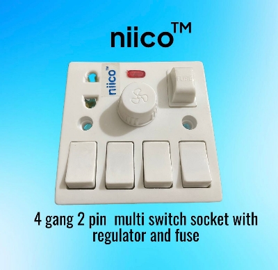 Picture of NIICO 4 Gang switch + Fan Regulator+ 2 Pin socket + Fuse Multifunction Socket Wall Switch Model-055( 1 Year Warranty)
