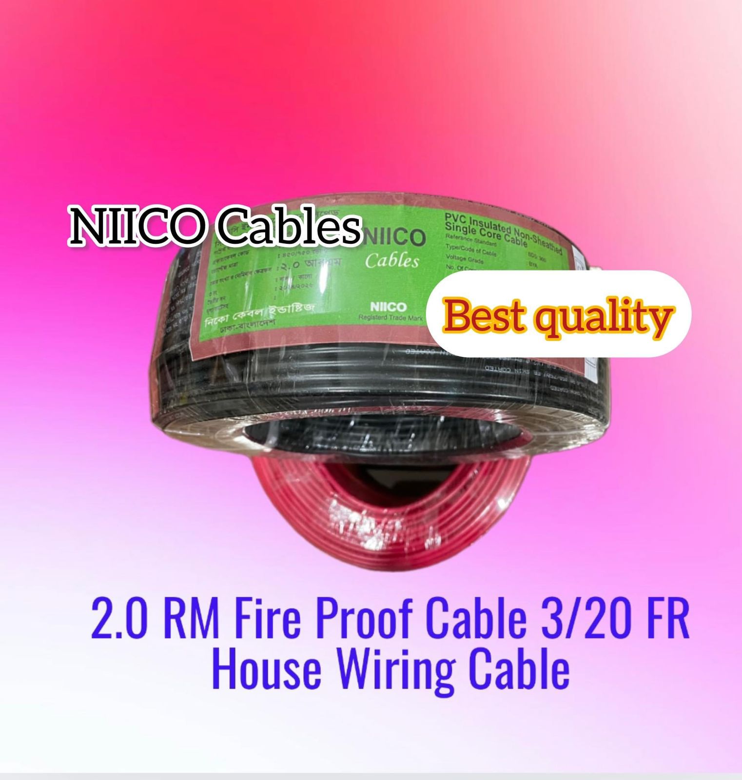 Picture of Niico House Waring Cable 2.0 RM Fireproof Copper cable 10 Guz - 2.0 rm 3/20 Copper cable Black Color -(5 Year Warranty )-0 Guz=30 Foot Copper Wire