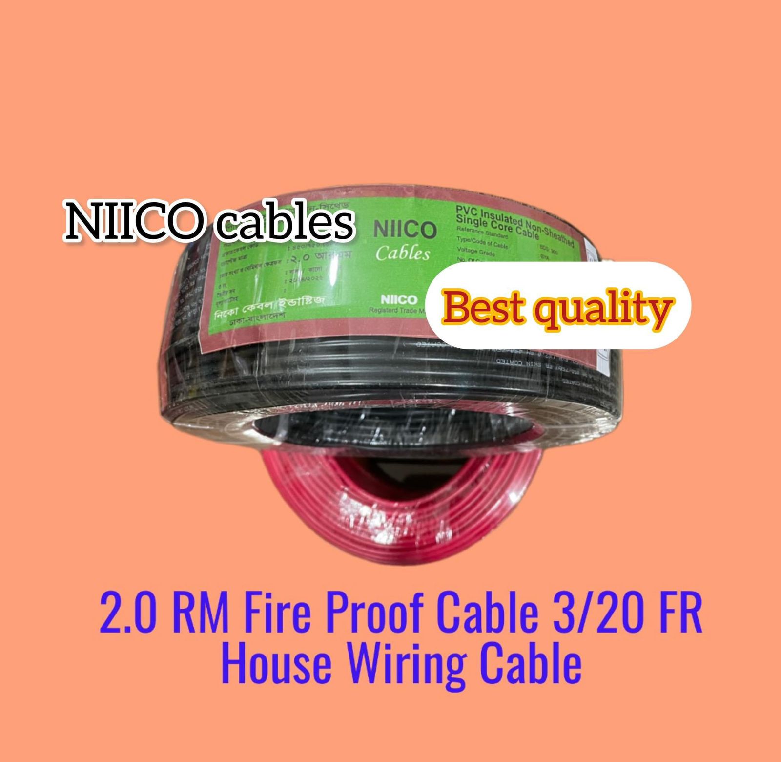 Picture of Niico House Waring Cable 2.0 RM Fireproof Copper cable 50 Guz - 2.0 rm 3/20 Copper cable Black Color -(5 Year Warranty )-50 Guz=150 Foot Copper Wire