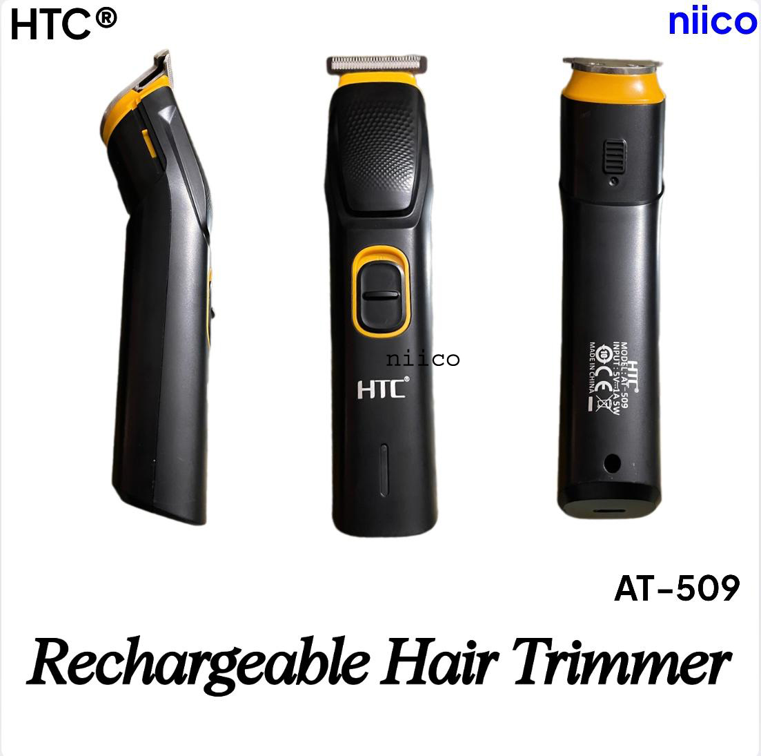 Picture of HTC Multifunction Men's Trimmer with Stainless Steel Blades Type C charging -Sleek Black Design Model- AT-509- -Using Time -45 Minutes