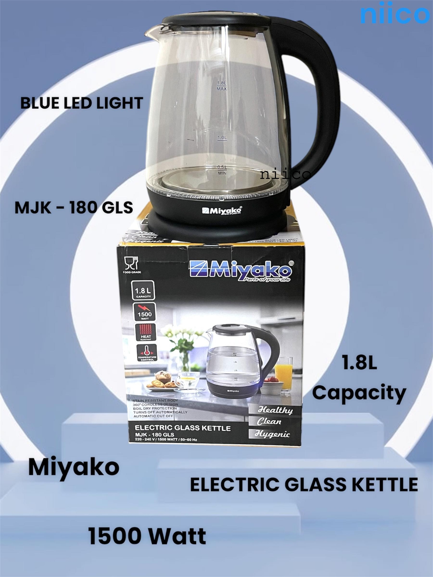 Picture of Miyako Durable  Heavy Dutty Electric Kettle Stain Resistant Body  Model  =MJK 180 GLS- 1.8  Liter (1 Years Warranty)