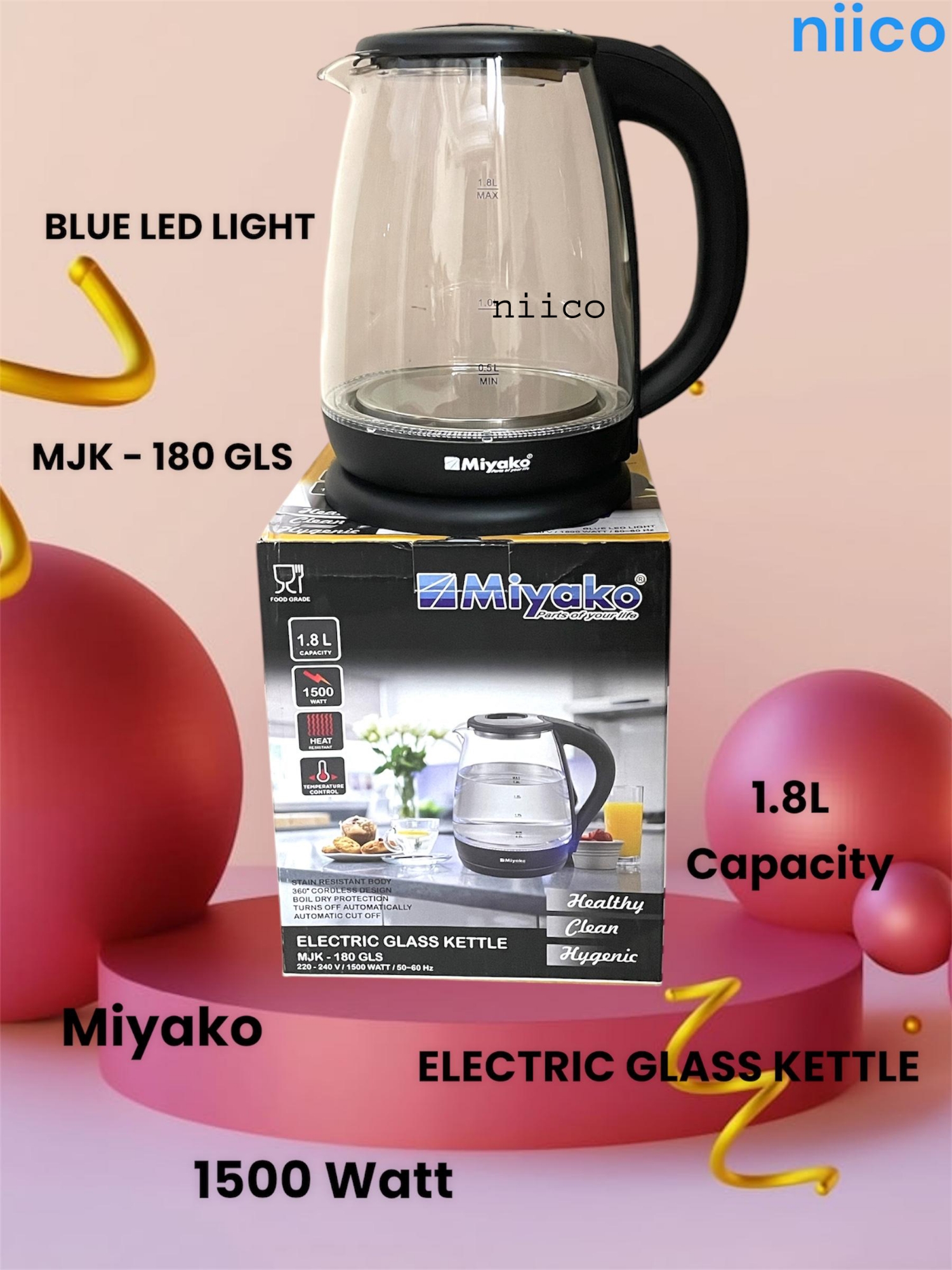 Picture of Miyako Durable  Heavy Dutty Electric Kettle Stain Resistant Body  Model  =MJK 180 GLS- 1.8  Liter (1 Years Warranty)