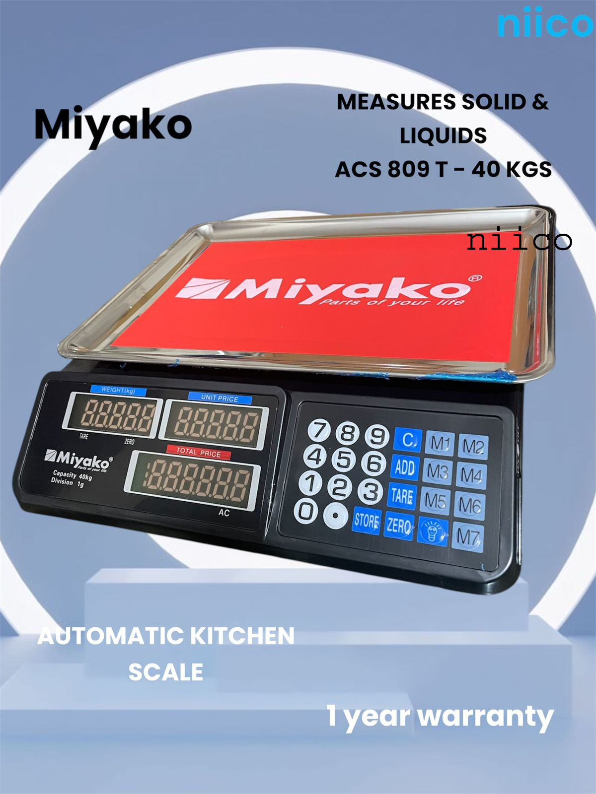 Picture of Weight Machine Miyako Weight Machine  Digital Automatic Electronic  Kitchen Scale Weight Machine Stainless Steel Machine Sealead Button & Large LCD Display for Measuring Food, Cake, Vegetable, Fruit Weighing Scale-1 Year Warranty