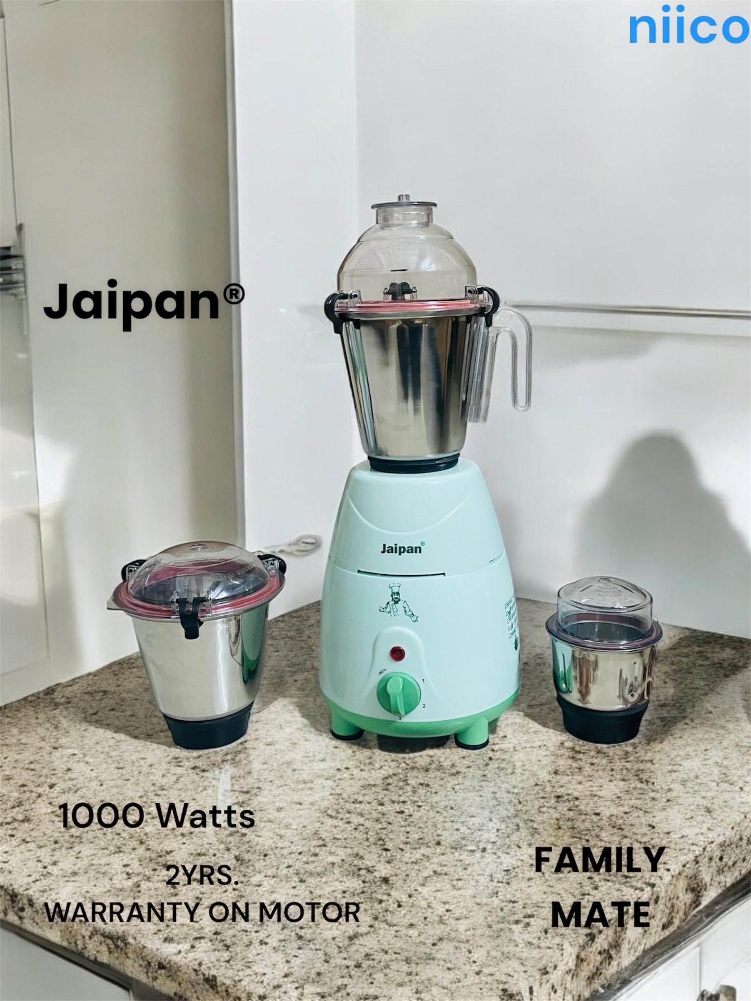 Picture of Jaipan Faimaly Mate 1000 WATTS Heavy Duty  MOTOR  Mixer Blender 3 Stainless Steel Jar 100 Percent Cooper Blender: (2 Year Warranty)