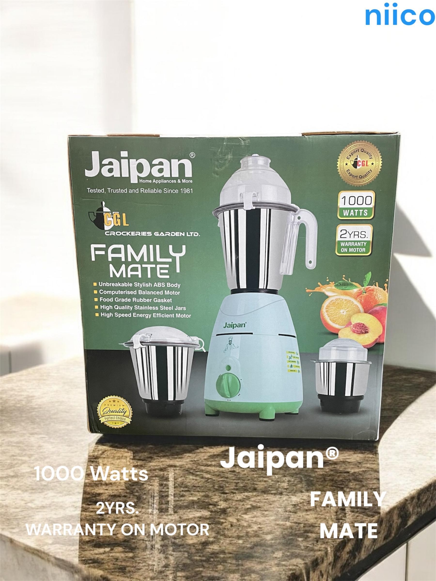 Picture of Jaipan Faimaly Mate 1000 WATTS Heavy Duty  MOTOR  Mixer Blender 3 Stainless Steel Jar 100 Percent Cooper Blender: (2 Year Warranty)