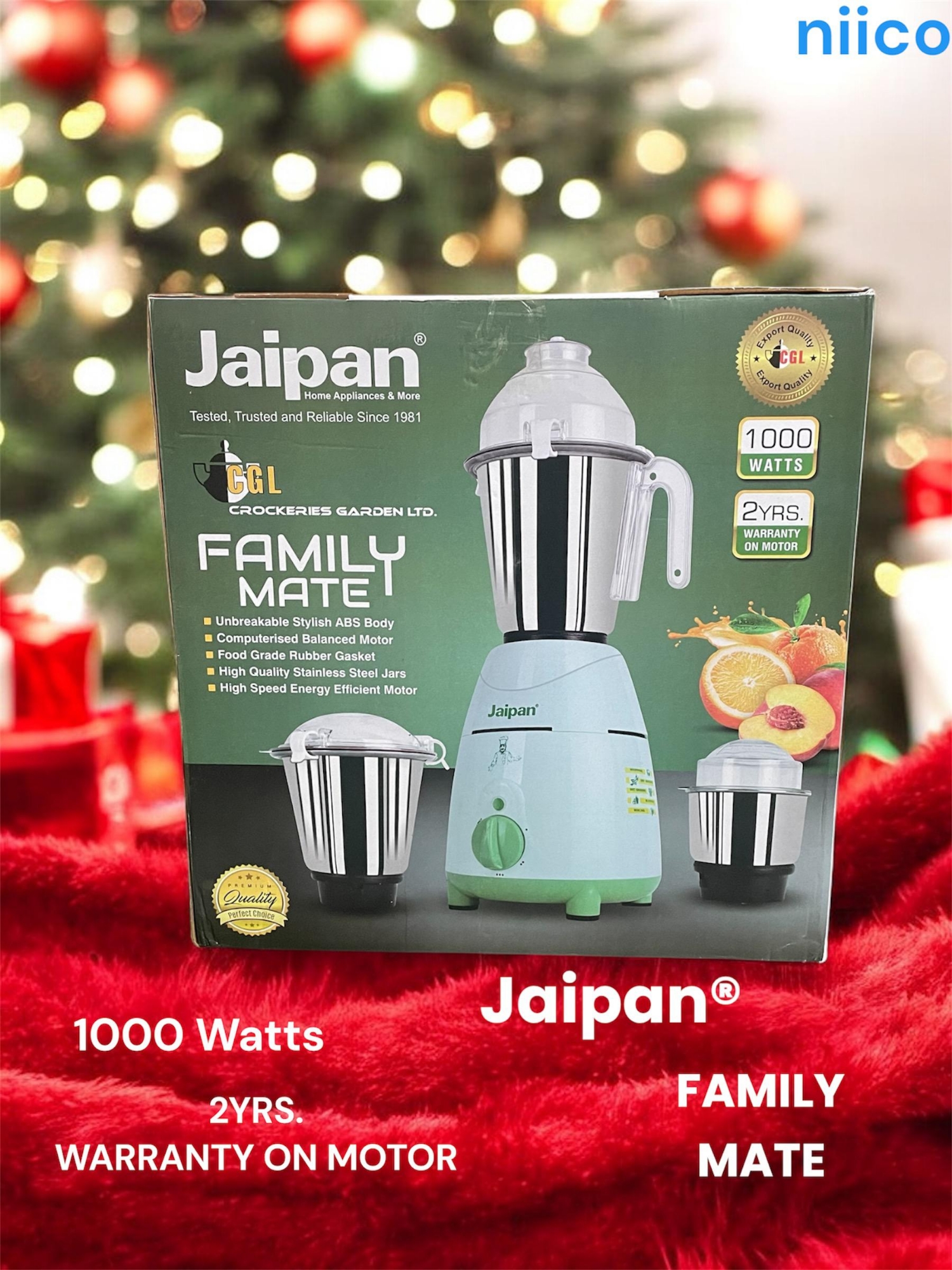 Picture of Jaipan Faimaly Mate 1000 WATTS Heavy Duty  MOTOR  Mixer Blender 3 Stainless Steel Jar 100 Percent Cooper Blender: (2 Year Warranty)