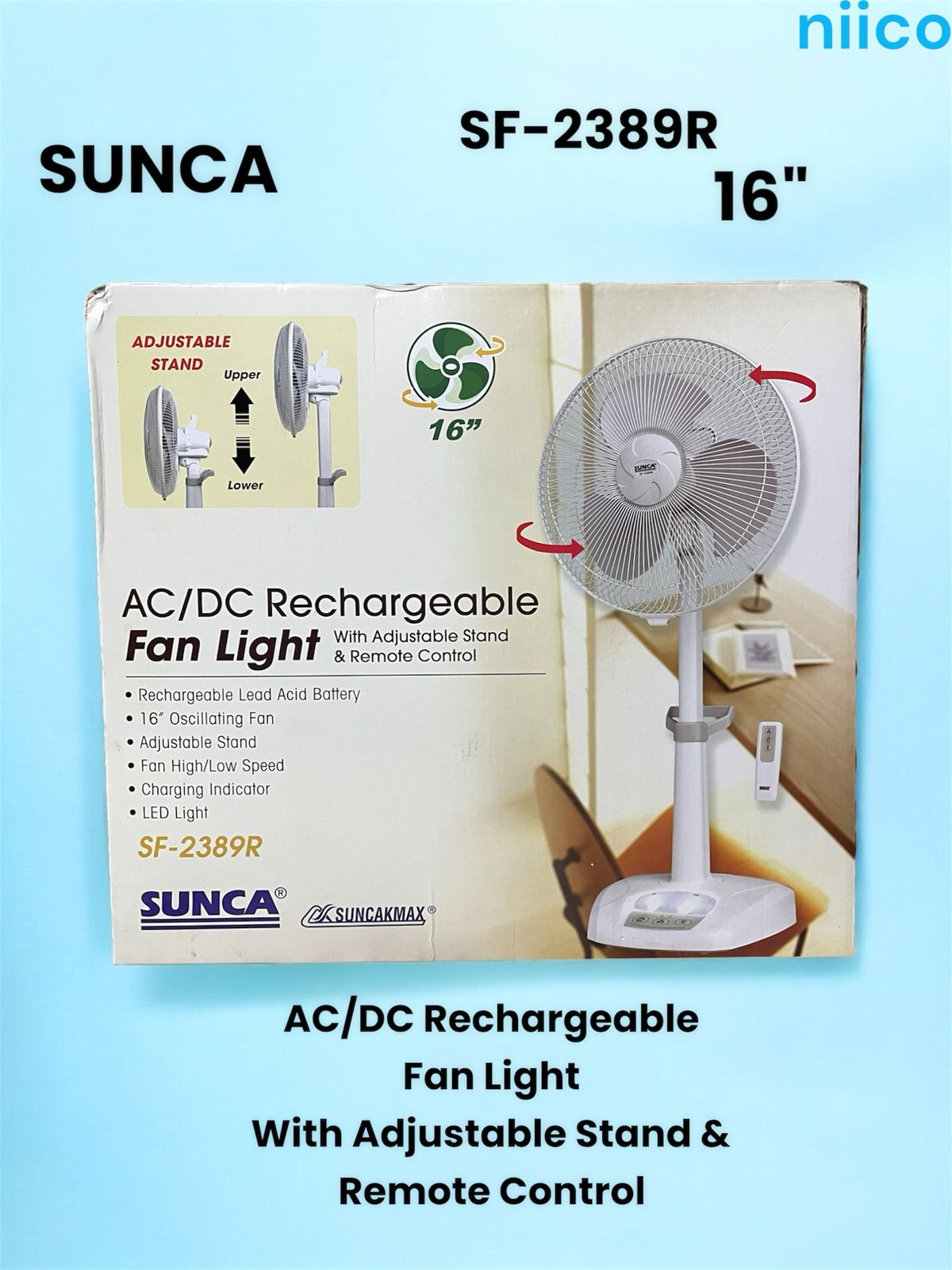 Picture of Ultimate Rechargeable AC/DC Fan Sunca Double Battery  Multi-Function 16" Oscillating  Fan  Adjustable Stand Model Sunca=SF-2389R With Remote ( 1 Year Warranty)-20 Year Life Time