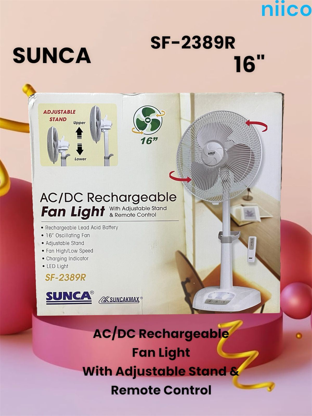 Picture of Ultimate Rechargeable AC/DC Fan Sunca Double Battery  Multi-Function 16" Oscillating  Fan  Adjustable Stand Model Sunca=SF-2389R With Remote ( 1 Year Warranty)-20 Year Life Time