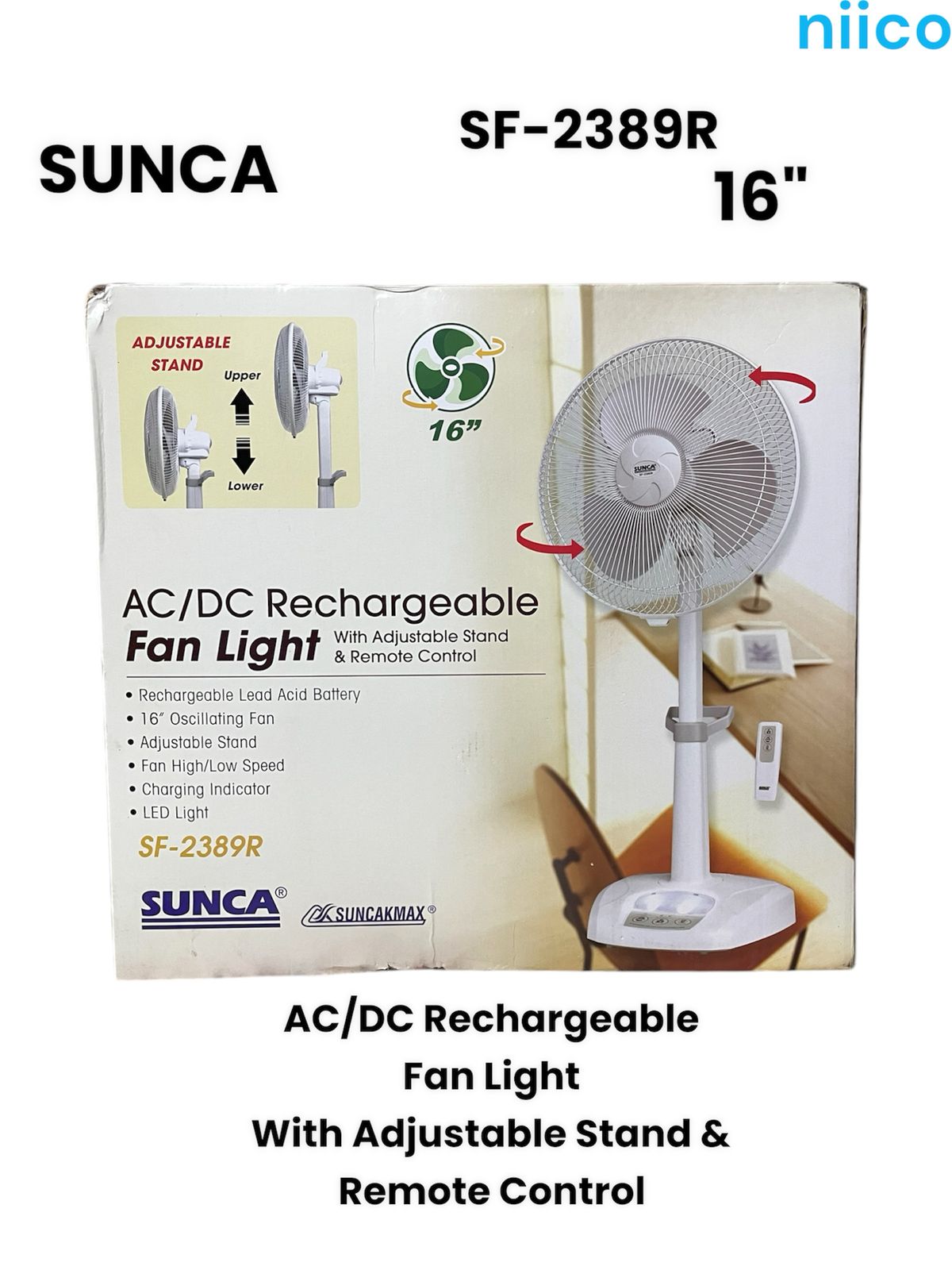 Picture of Ultimate Rechargeable AC/DC Fan Sunca Double Battery  Multi-Function 16" Oscillating  Fan  Adjustable Stand Model Sunca=SF-2389R With Remote ( 1 Year Warranty)-20 Year Life Time