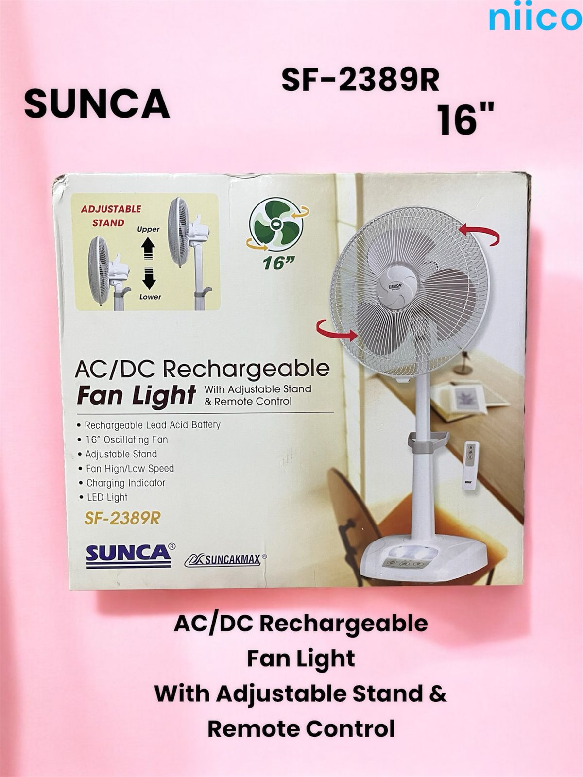 Picture of Ultimate Rechargeable AC/DC Fan Sunca Double Battery  Multi-Function 16" Oscillating  Fan  Adjustable Stand Model Sunca=SF-2389R With Remote ( 1 Year Warranty)-20 Year Life Time