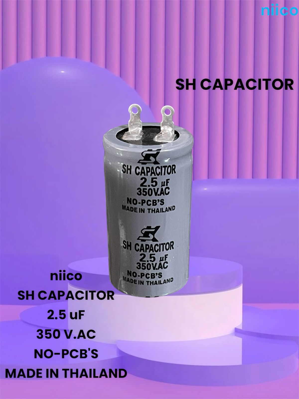 Picture of Ceiling Fan Capacitor Model=SH 2.5uf =350 V.AC Made In Thailand Capacitor=2.5 UF