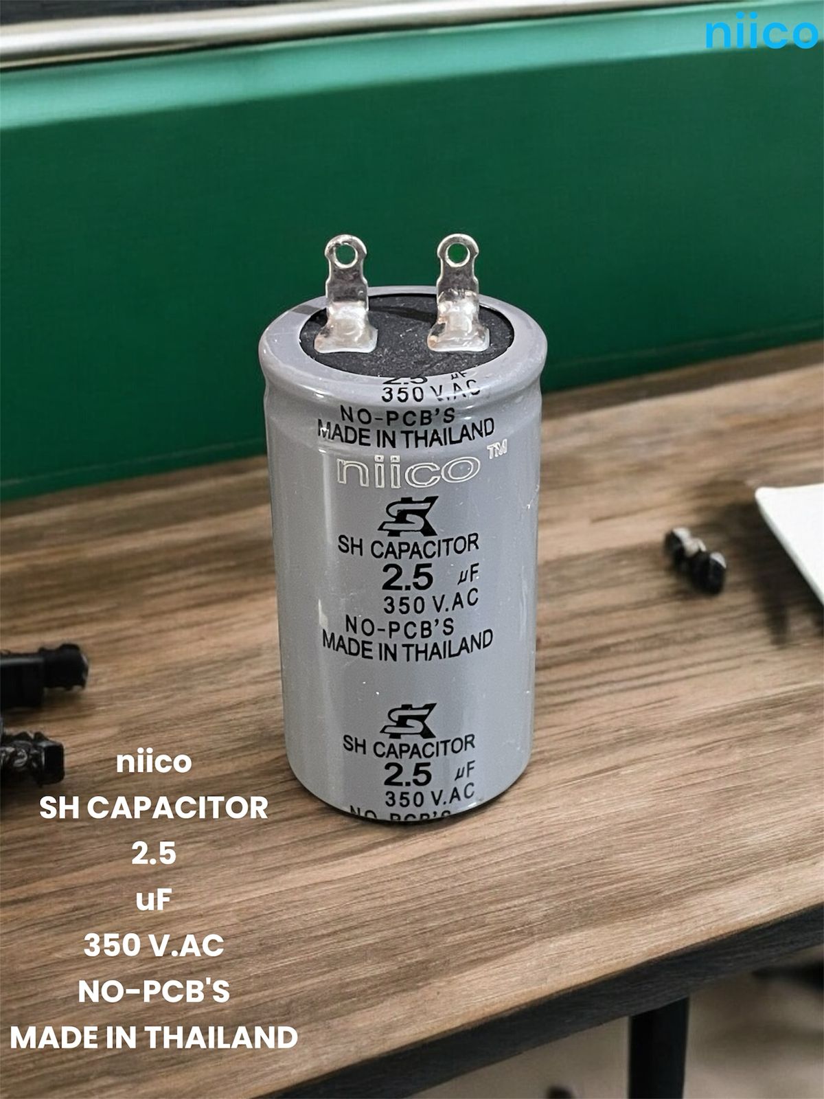 Picture of Niico Ceiling Fan Capacitor Model niico=SH 2.5uf =350 V.AC Made In Thailand Original Capacitor=2.5 UF ( 1 Year Warranty)