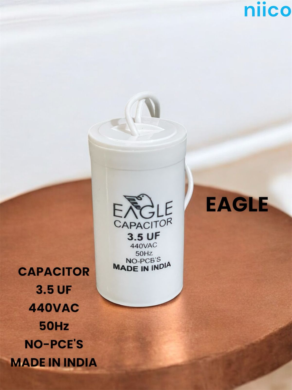 Picture of Ceiling Fan Capacitor Model=EAGAL= 3.5uf =440 V.AC (Made In India) Capacitor=3.5 UF