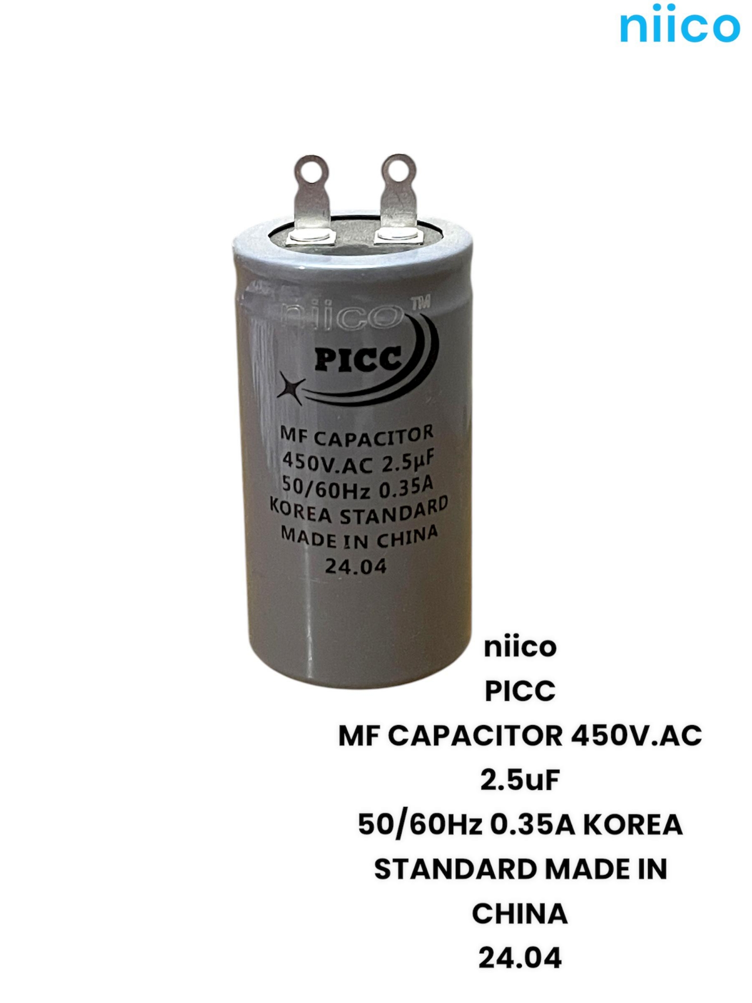 Picture of Niico Ceiling Fan Capacitor Model niico=PICC- 2.5uf =450 V.AC (Made In China)  Capacitor=2.5 UF ( 1 Year Warranty)