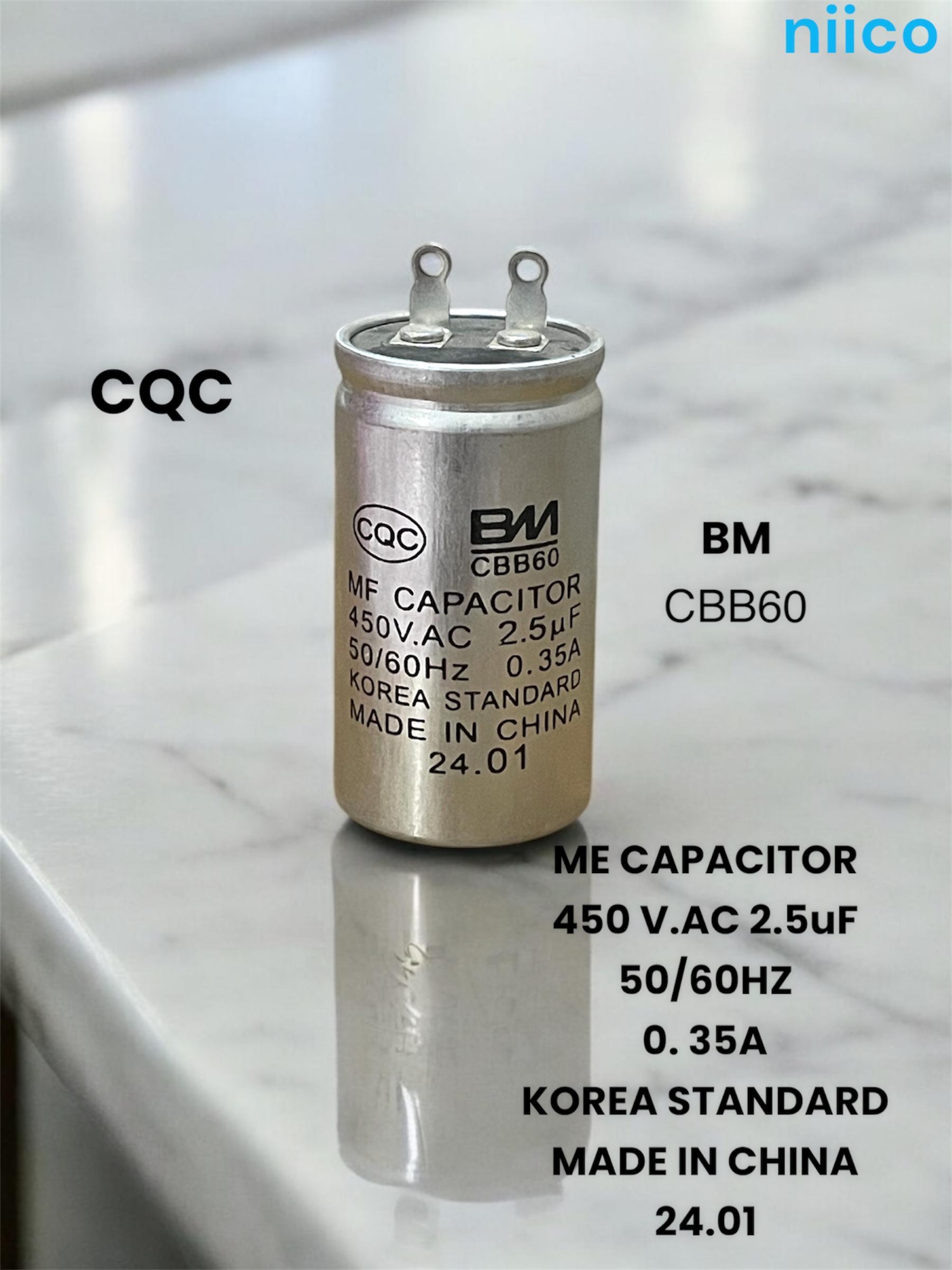 Picture of Niico Ceiling Fan Durable Capacitor Korea Standard Model BM=2.5uf =450 V.AC (Made In China ) Capacitor=2.5 UF=1 Year Warranty