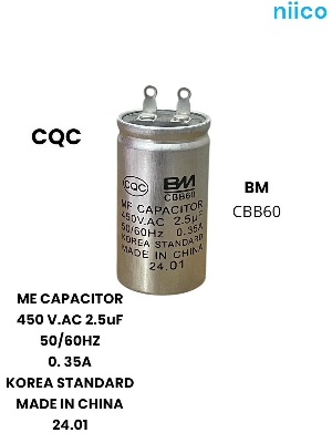 Picture of Niico Ceiling Fan Durable Capacitor Korea Standard Model BM=2.5uf =450 V.AC (Made In China ) Capacitor=2.5 UF=1 Year Warranty