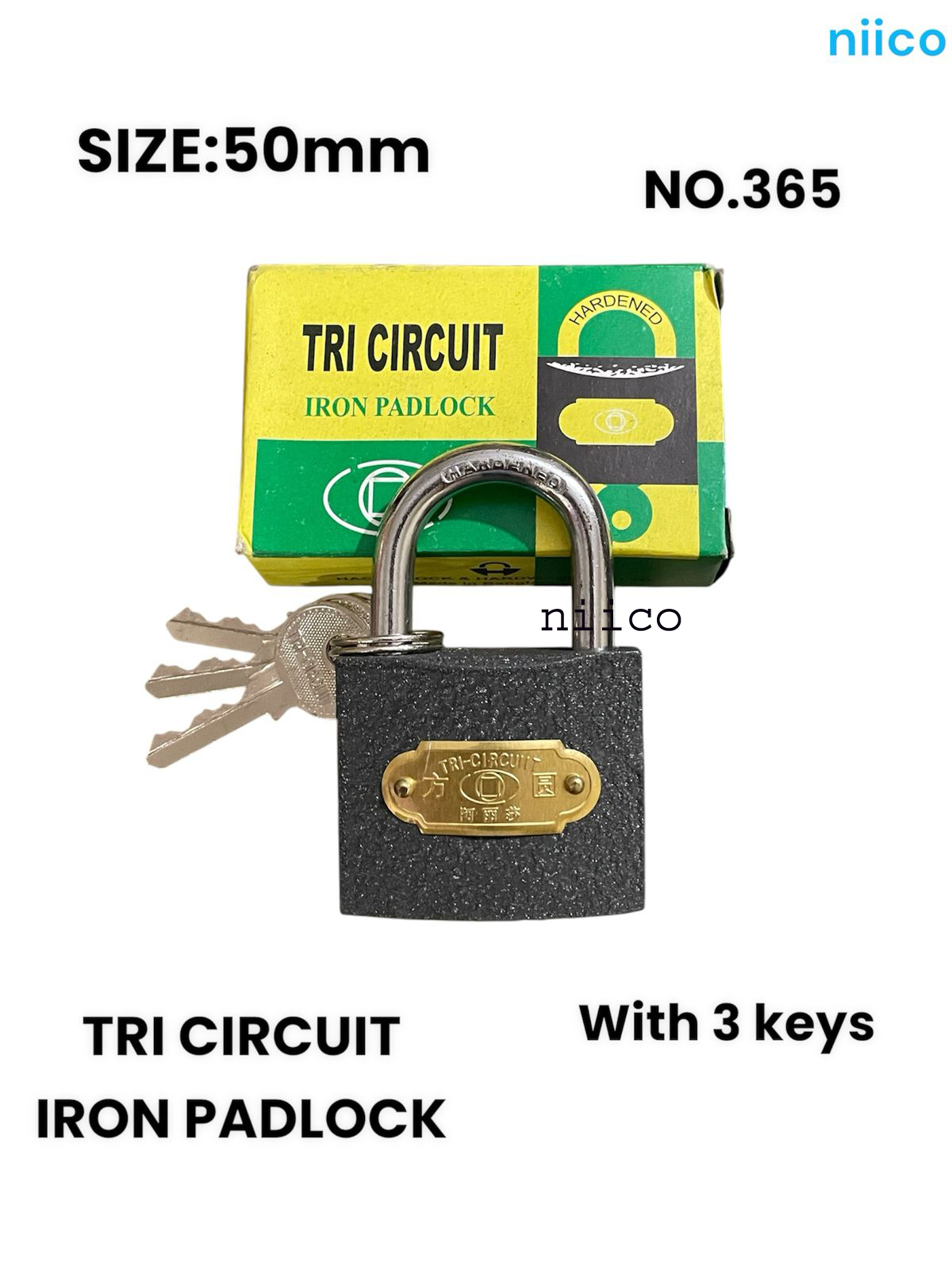 Picture of 50 mm Iron Padlock 3 pcs iron keys TRI CIRCUIT  Brass lock Tala = 3 Key Tala Size(3 Inch X 2 Inch)
