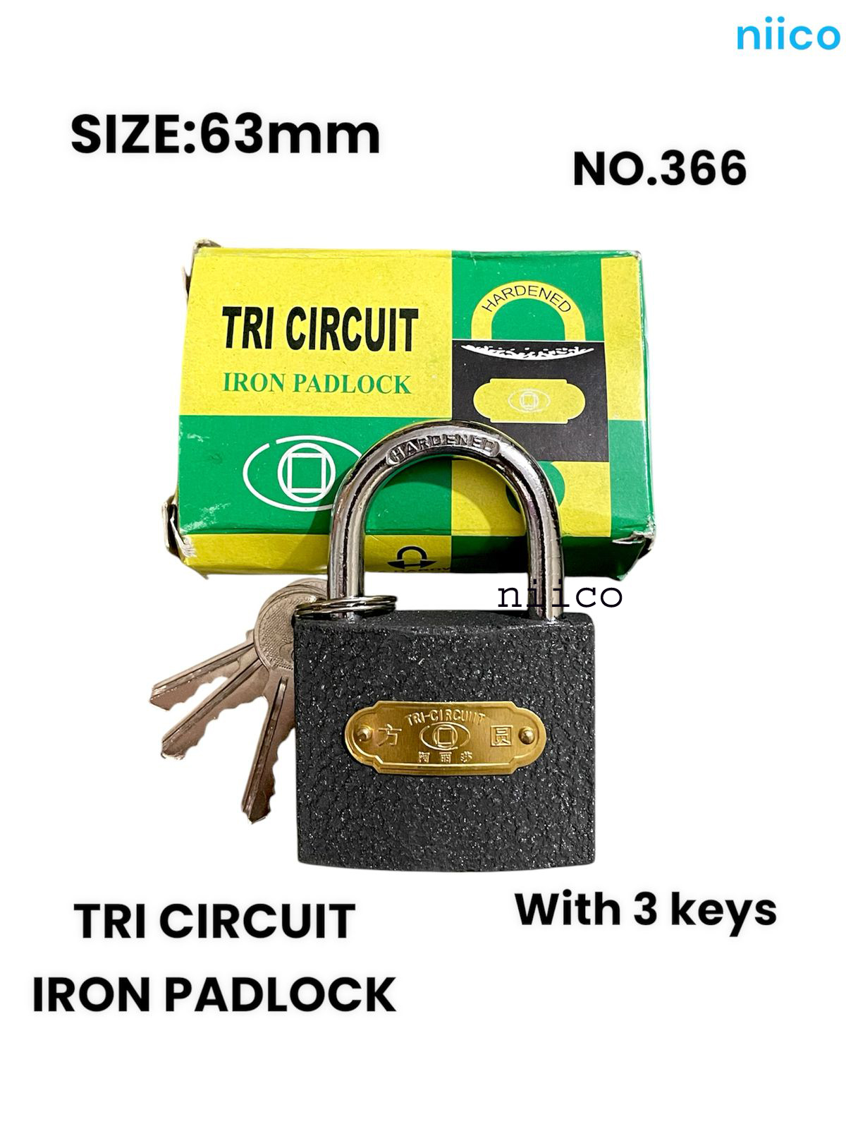 Picture of 63 Mm Iron Padlock 3 pcs iron keys TRI CIRCUIT  Brass lock Tala = 3 Key Tala Size(3.5 Inch X 2.5 Inch)