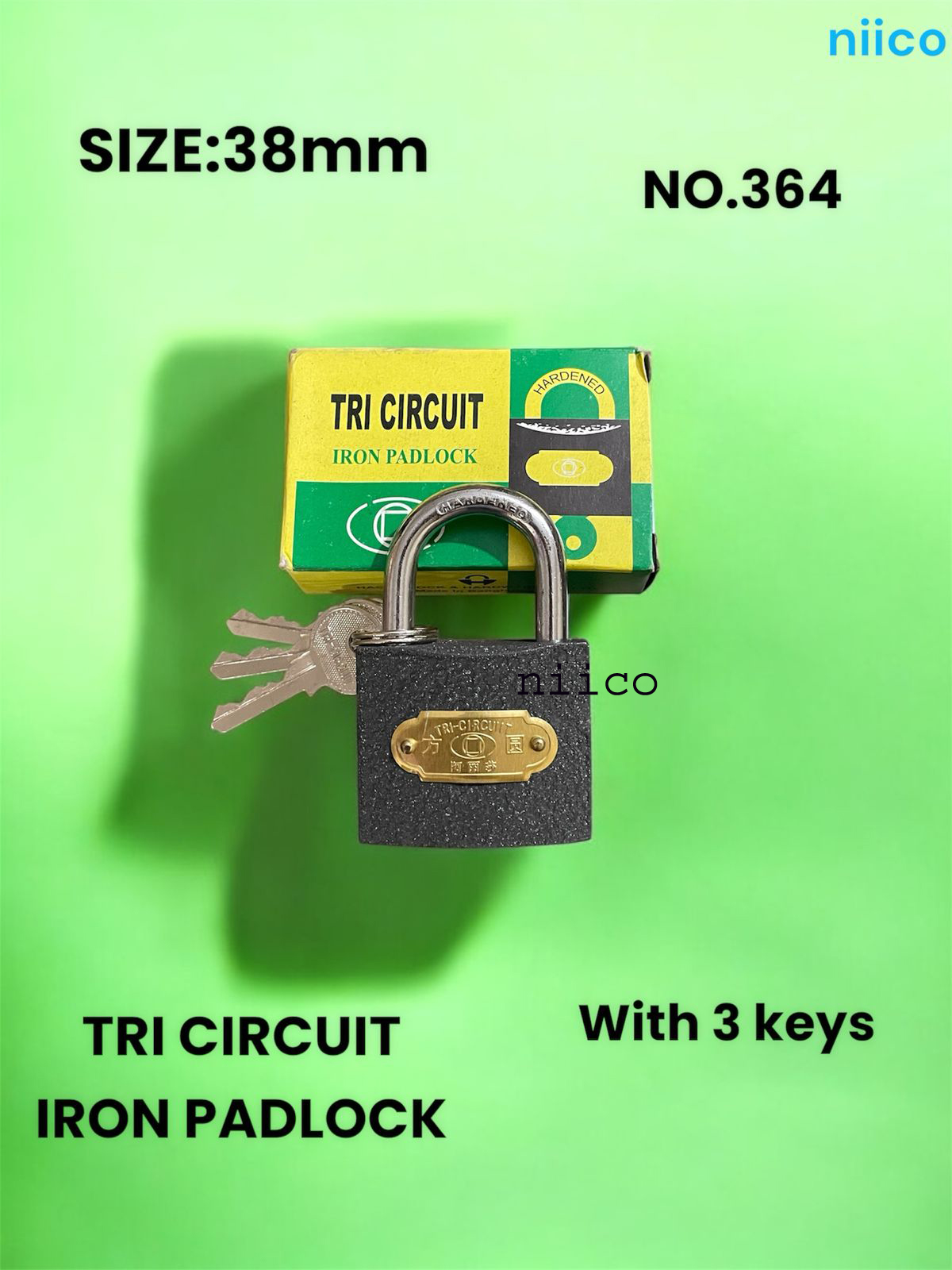Picture of Iron Padlock 38 mm 3 pcs iron keys TRI CIRCUIT  Brass lock Tala = 3 Key Tala Size(2.5 Inch X 1.5 Inch)