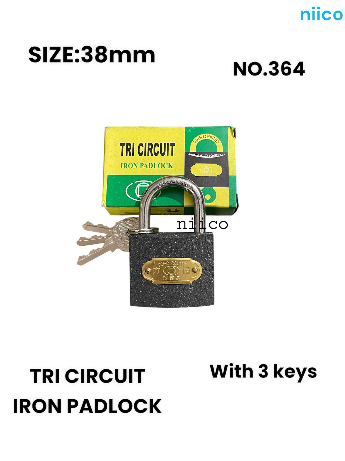 Picture of Iron Padlock 38 mm 3 pcs iron keys TRI CIRCUIT  Brass lock Tala = 3 Key Tala Size(2.5 Inch X 1.5 Inch)