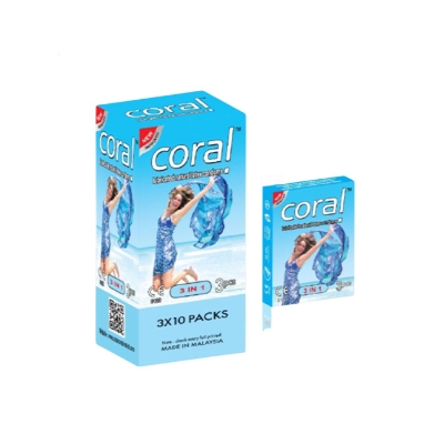 Picture of CORAL - Coral - 3 in 1 Lubricated Natural Latex Condoms Full Box