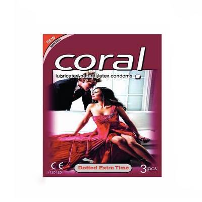 Picture of Coral Dotted Extra Time Lubricated Natural Latex Condoms Full Pack - 30 Pcs
