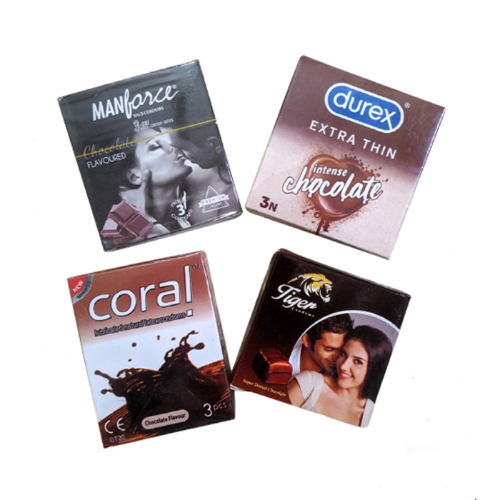 Picture of Wedding & Honeymoon Combo Package for Chocolate Lovers - Durex Extra Thin, Manforce Dotted, Coral & Tiger Dotted Chocolate Flavor Condom - 4 Pack Combo - 12pcs Condom - Condom