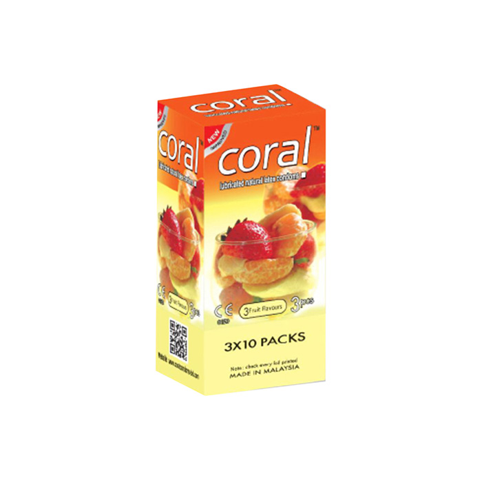 Picture of Coral 3 Fruits Flavors Lubricated Natural Latex Condom For Men Full Box