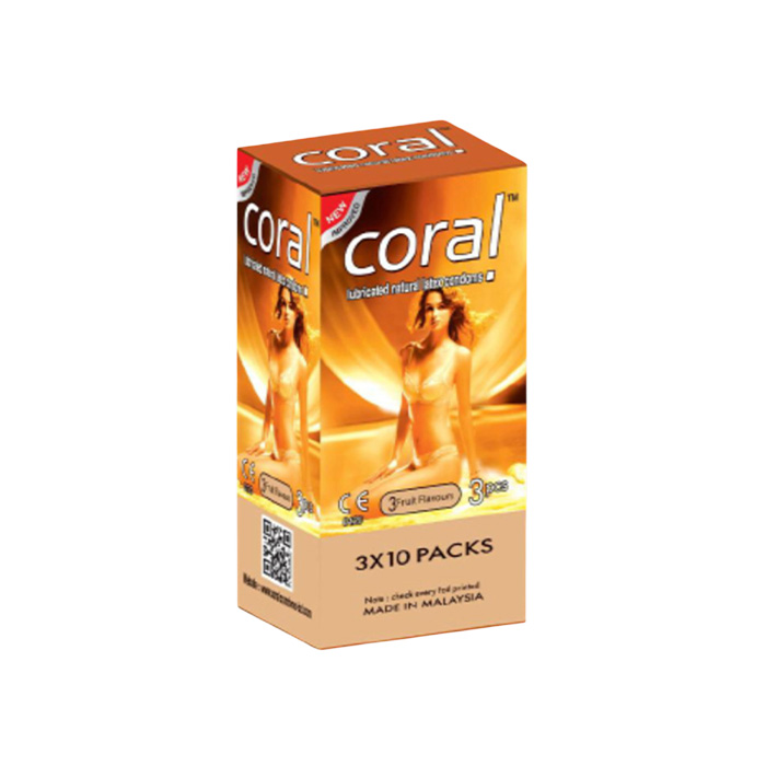 Picture of Coral 3 Fruits Flavors Girl Lubricated Natural Latex Condom for Men | Full Box 30pcs Condom | Malaysia
