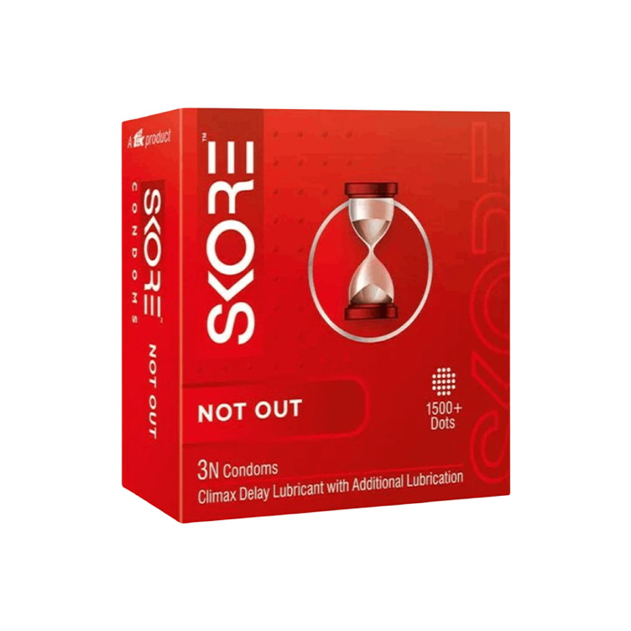 Picture of SKORE Not Out, Chocolate, Strawberry, Orange, Banana, Cherry Flavor, Dots, Shade, Cool Warm 1500+ Dots Condom for Men | Single 3pcs | India