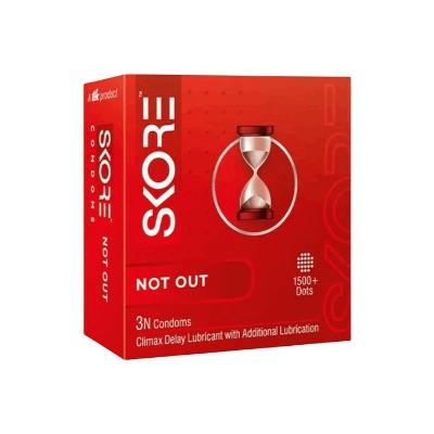 Picture of SKORE Not Out, Chocolate, Strawberry, Orange, Banana, Cherry Flavor, Dots, Shade, Cool Warm 1500+ Dots Condom for Men | Single 3pcs | India