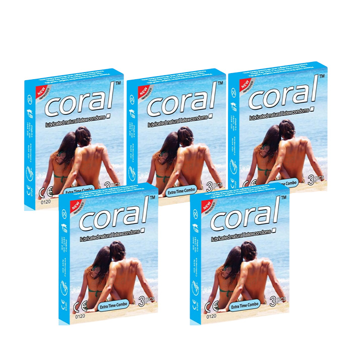 Picture of Coral Extra Time Combo Lubricated Natural Latex Condom Half Box 3x5  -  15pcs Made in Malaysia
