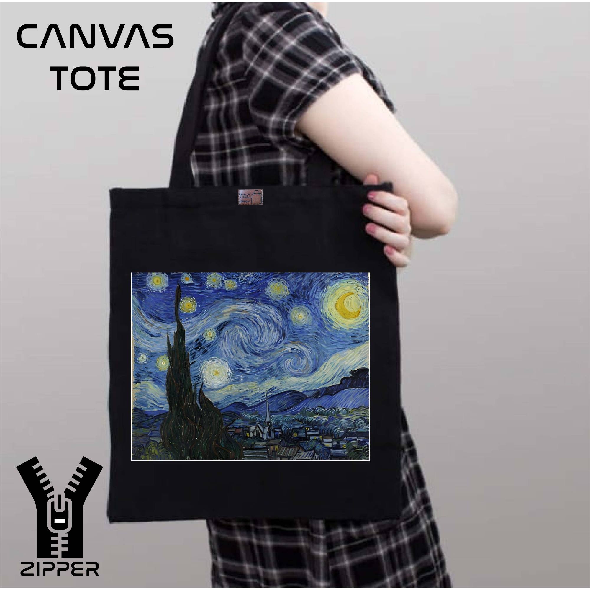 Picture of Canvas Tote Bag/Fashionable Top Handle Bag Black Color with Zipper for girls For University/College/Trenndy Fashionable Women