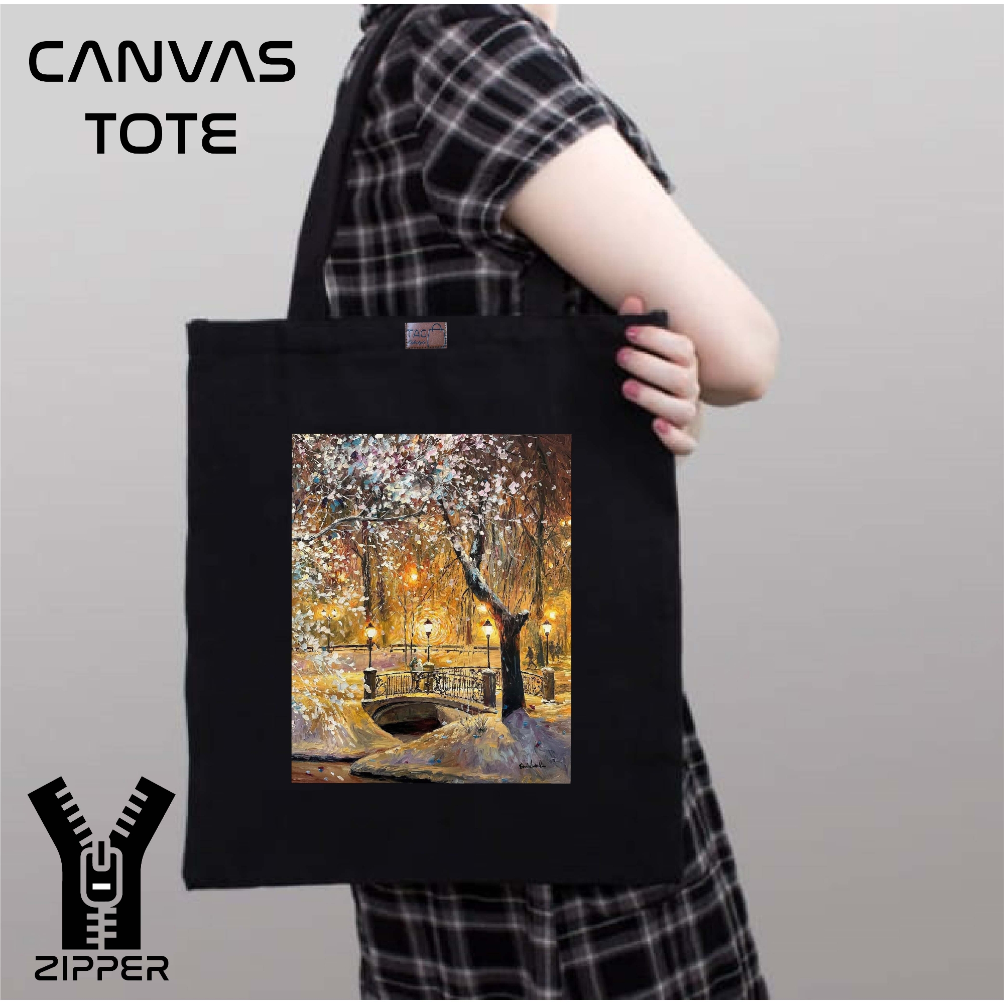 Picture of Canvas Tote Bag/Fashionable Top Handle Bag Black Color with Zipper for girls For University/College/Trenndy Fashionable Women
