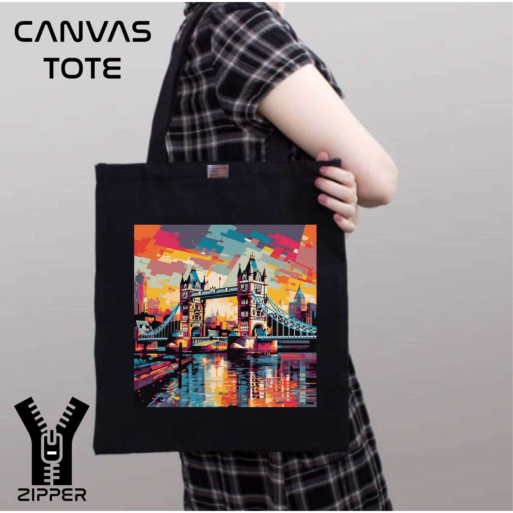 Picture of Canvas Tote Bag/Fashionable Top Handle Bag Black Color with Zipper for girls For University/College/Trenndy Fashionable Women