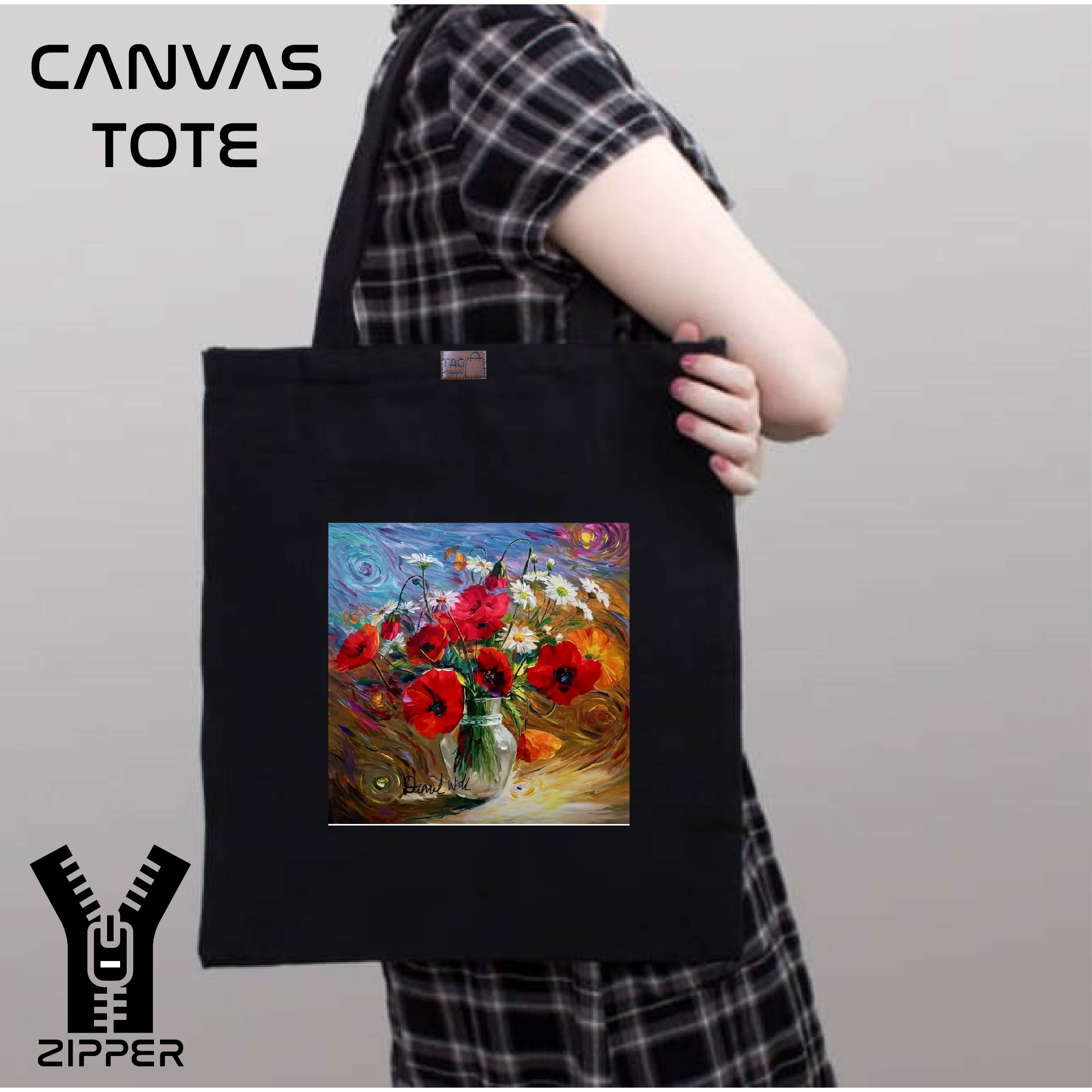 Picture of Canvas Tote Bag/Fashionable Top Handle Bag Black Color with Zipper for girls For University/College/Trenndy Fashionable Women