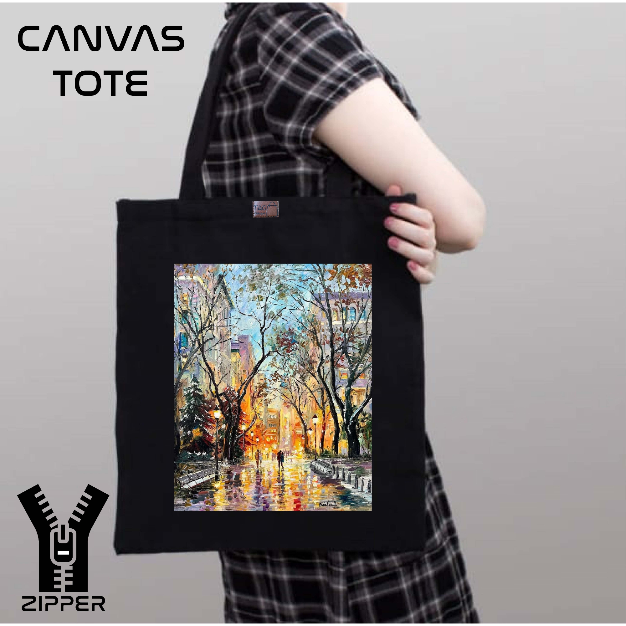 Picture of Canvas Tote Bag/Fashionable Top Handle Bag Black Color with Zipper for girls For University/College/Trenndy Fashionable Women