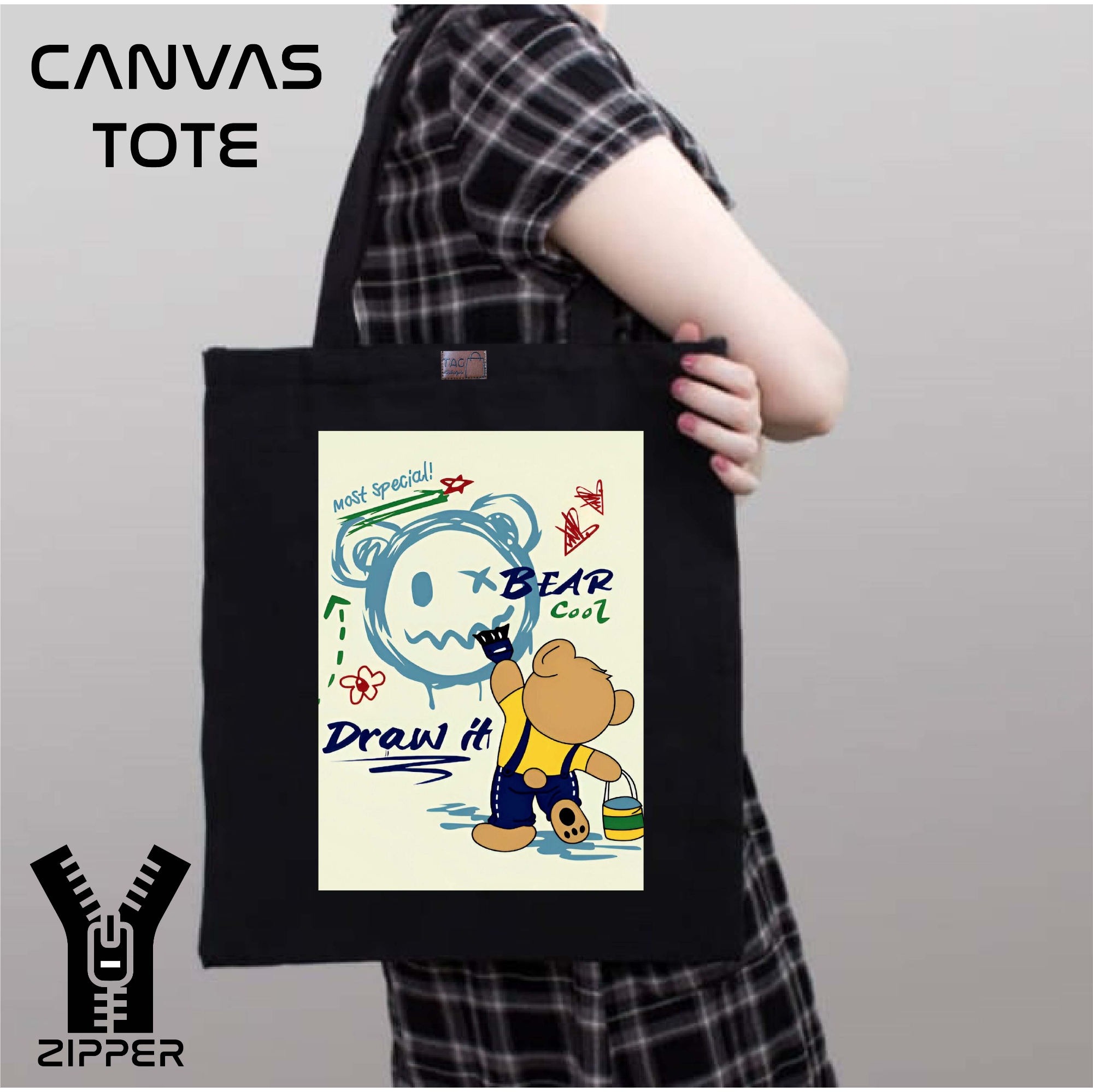 Picture of Canvas Tote Bag/Fashionable Top Handle Bag Black Color with Zipper for girls For University/College/Trenndy Fashionable Women