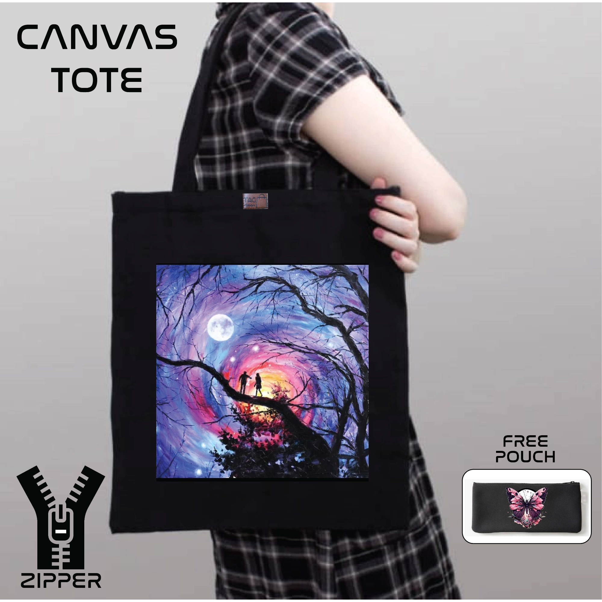 Picture of Canvas Tote Bag/Fashionable Top Handle Bag Black Color with Zipper for girls For University/College/Trenndy Fashionable Women
