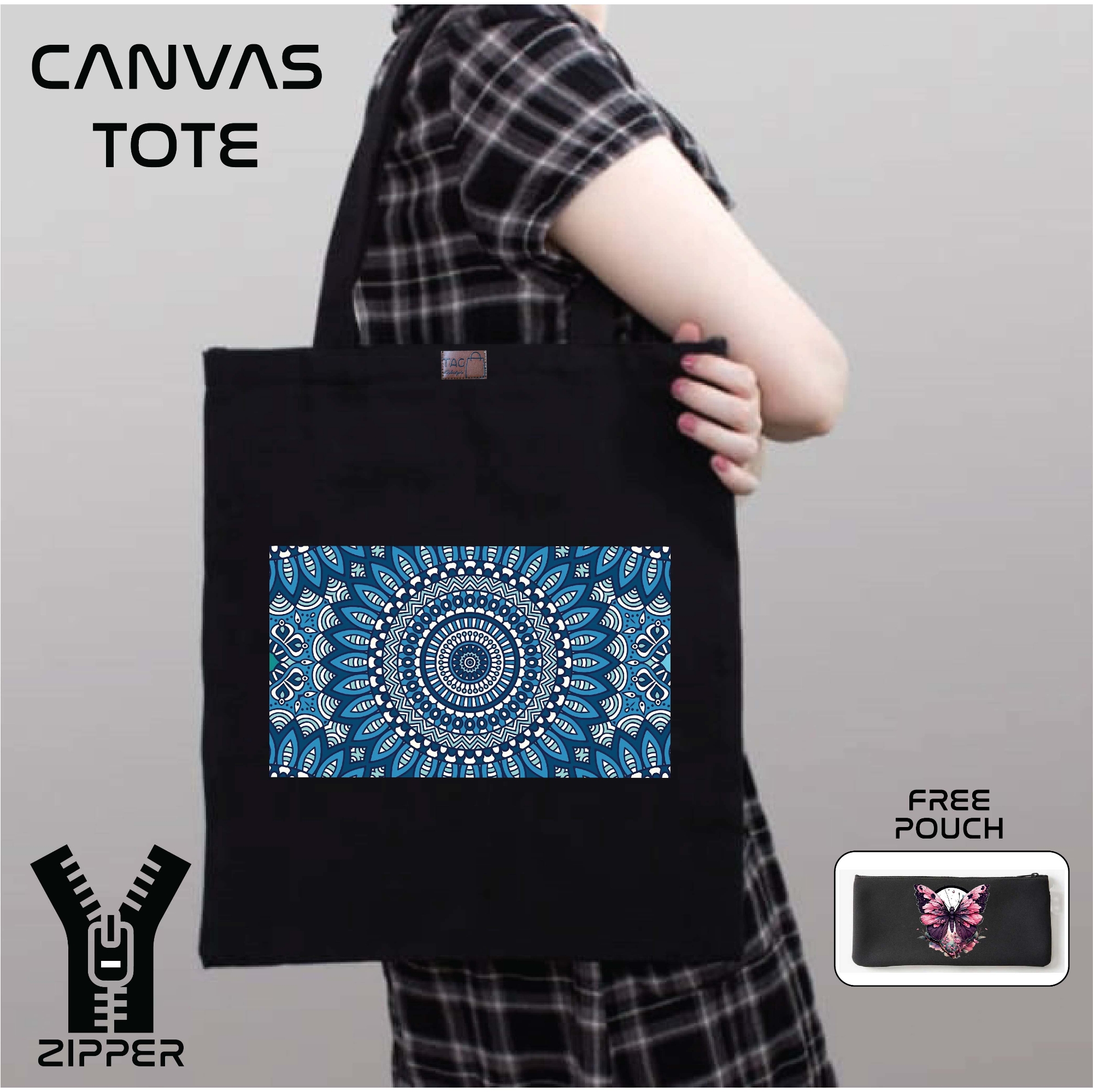 Picture of Canvas Tote Bag/Fashionable Top Handle Bag Black Color with Zipper for girls For University/College/Trenndy Fashionable Women