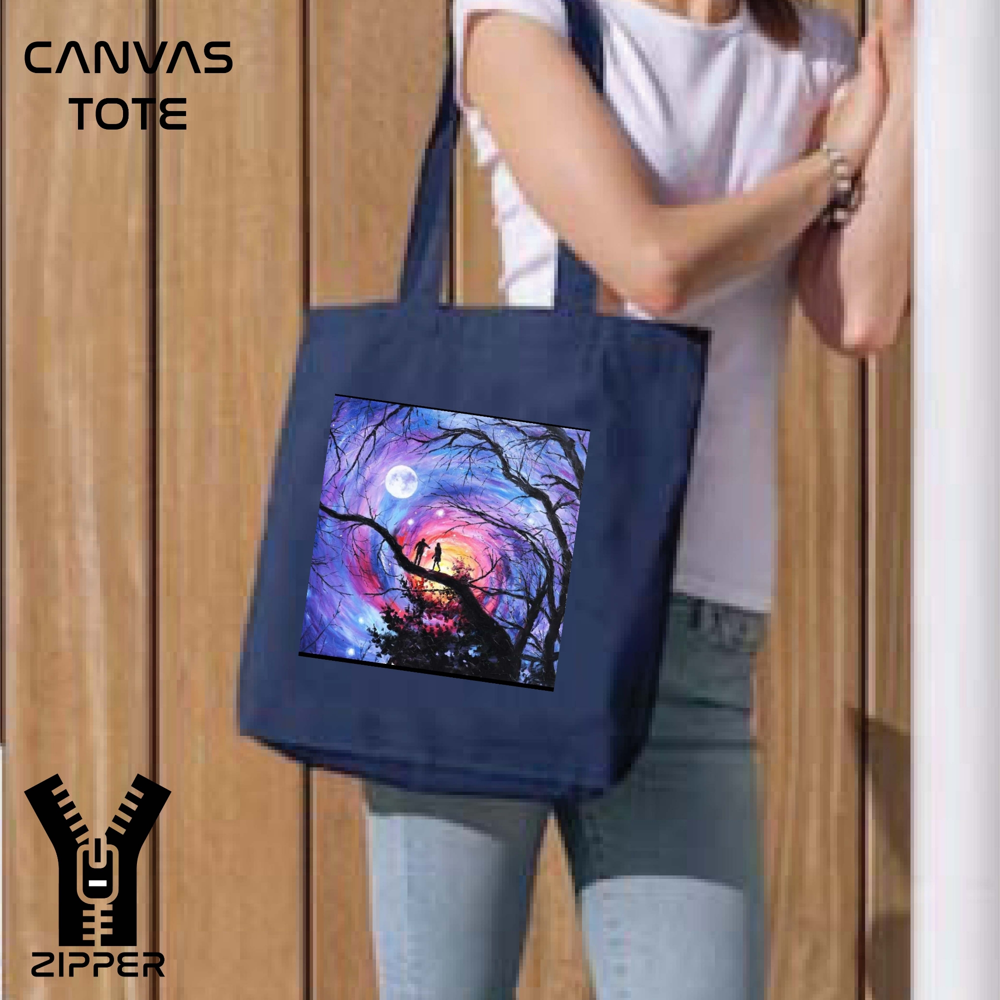 Picture of Canvas Tote Bag/Fashionable Top Handle Bag Blue Color with Zipper for girls For University/College/Trenndy Fashionable Women