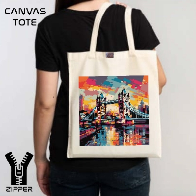 Picture of Canvas Tote Bag/Fashionable Top Handle Bag Off White Color with Zipper for girls For University/College/Trenndy Fashionable Women