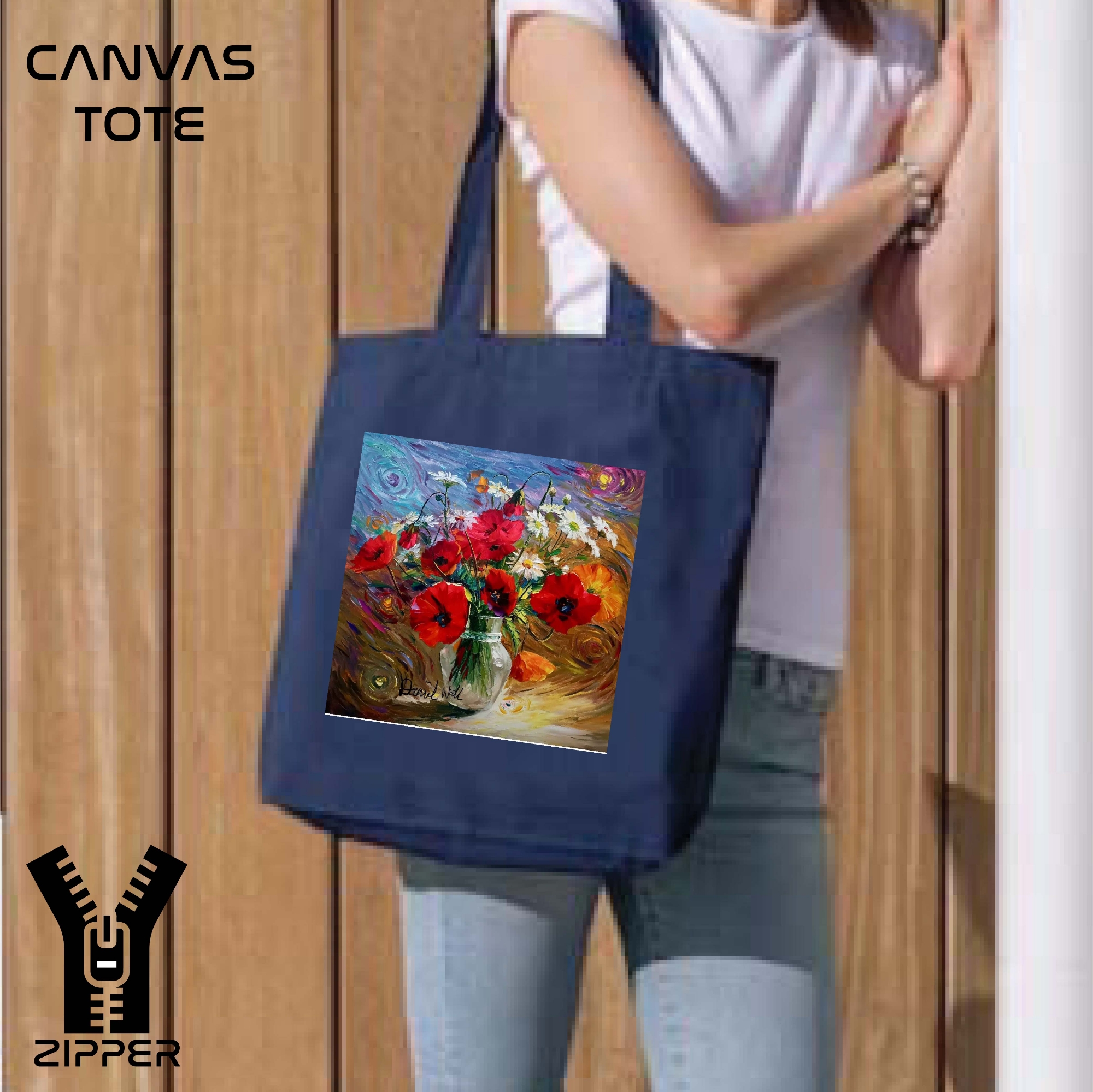 Picture of Canvas Tote Bag/Fashionable Top Handle Bag Blue Color with Zipper for girls For University/College/Trenndy Fashionable Women