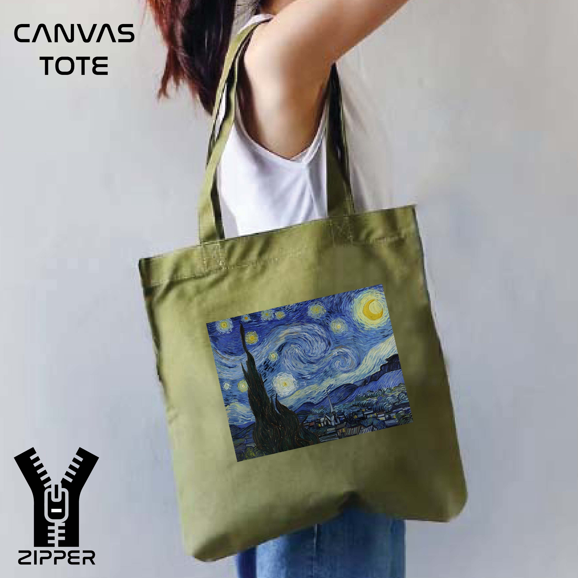 Picture of Canvas Tote Bag/Fashionable Top Handle Bag Olive Green Color with Zipper for girls For University/College/Trenndy Fashionable Women