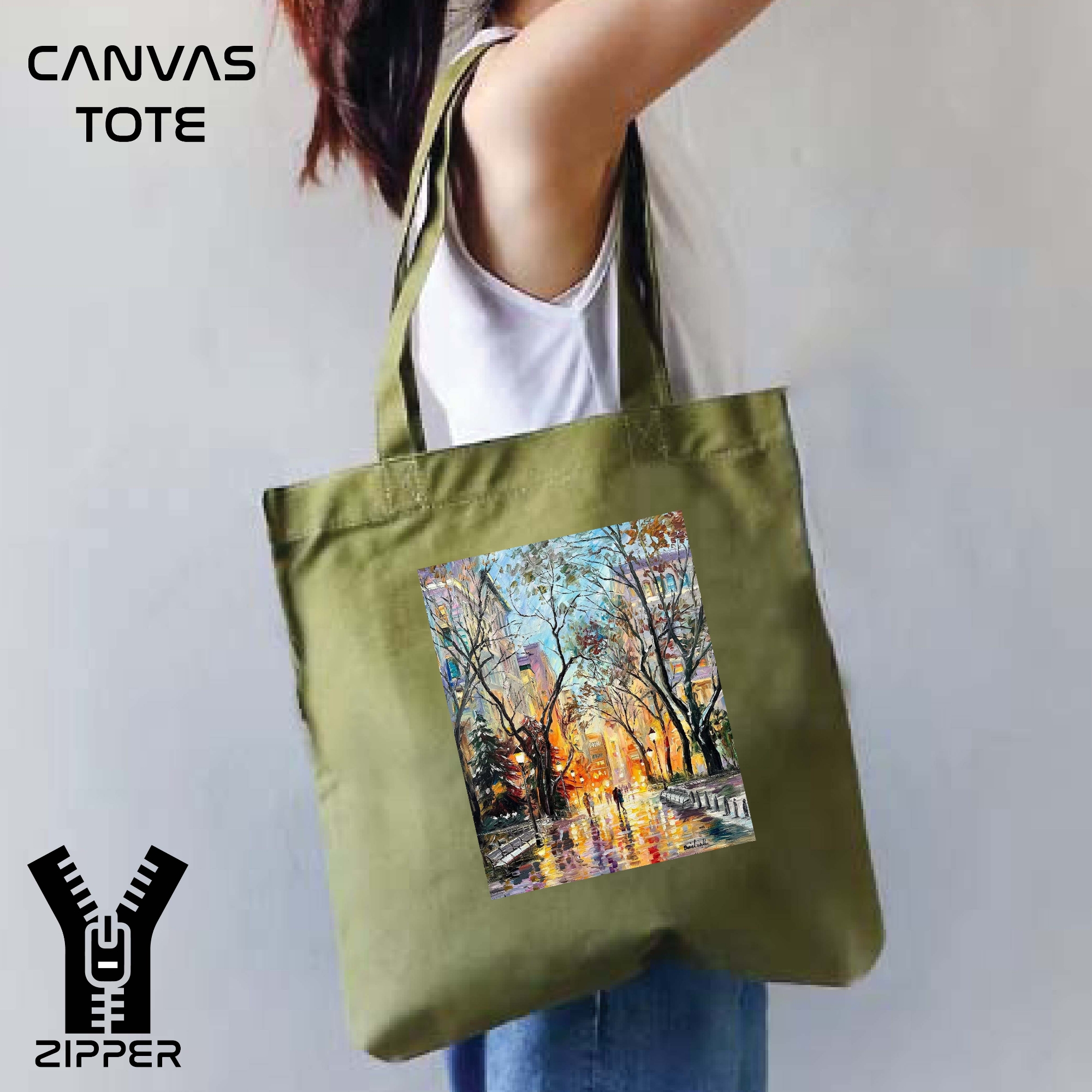 Picture of Canvas Tote Bag/Fashionable Top Handle Bag Olive Green Color with Zipper for girls For University/College/Trenndy Fashionable Women
