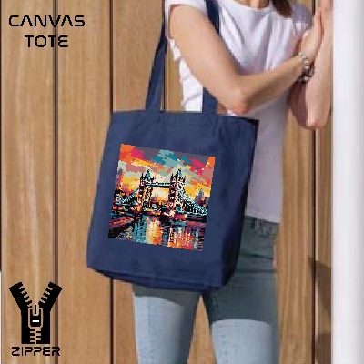 Picture of Canvas Tote Bag/Fashionable Top Handle Bag Blue Color with Zipper for girls For University/College/Trenndy Fashionable Women