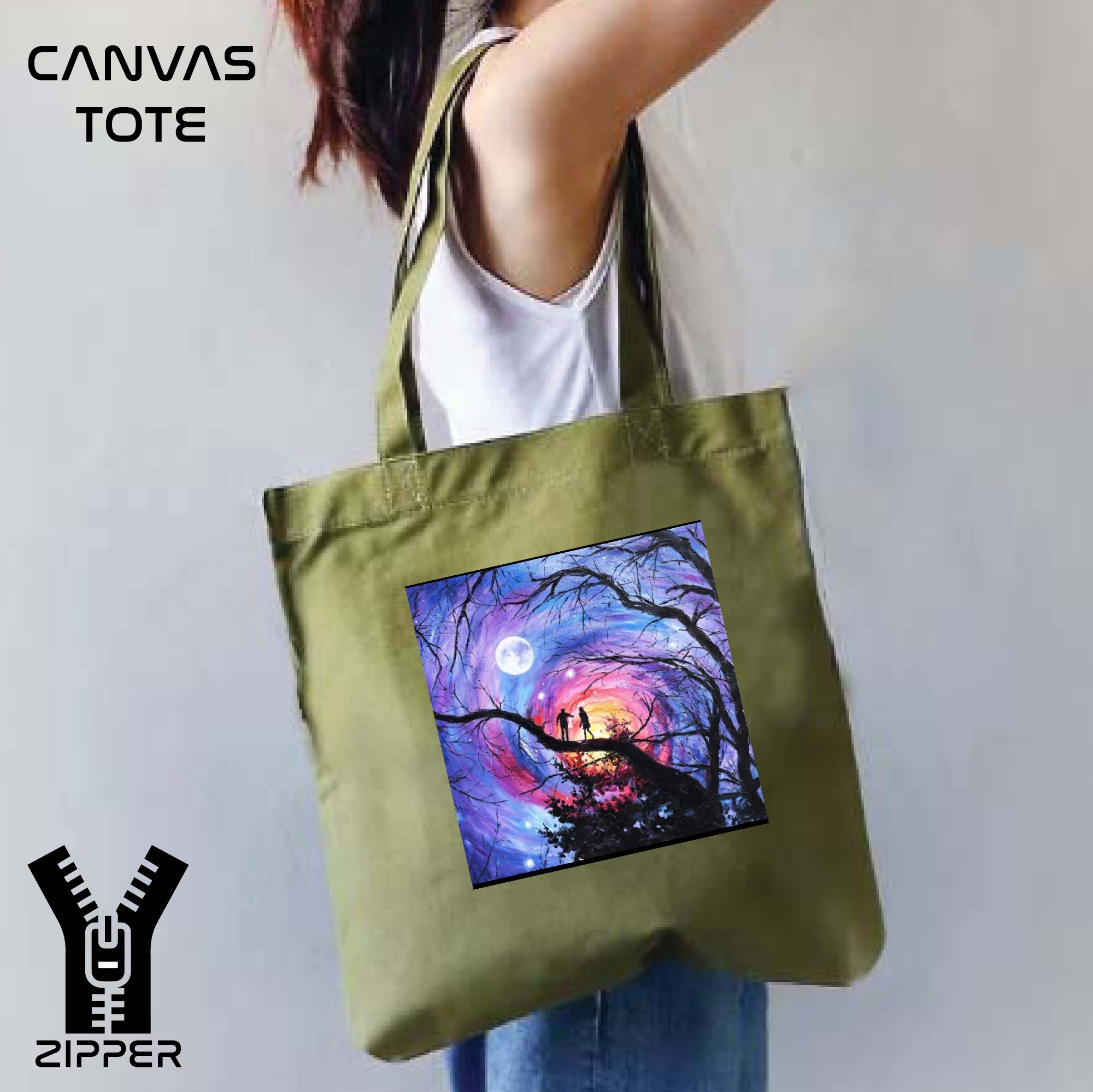 Picture of Canvas Tote Bag/Fashionable Top Handle Bag Olive Green Color with Zipper for girls For University/College/Trenndy Fashionable Women