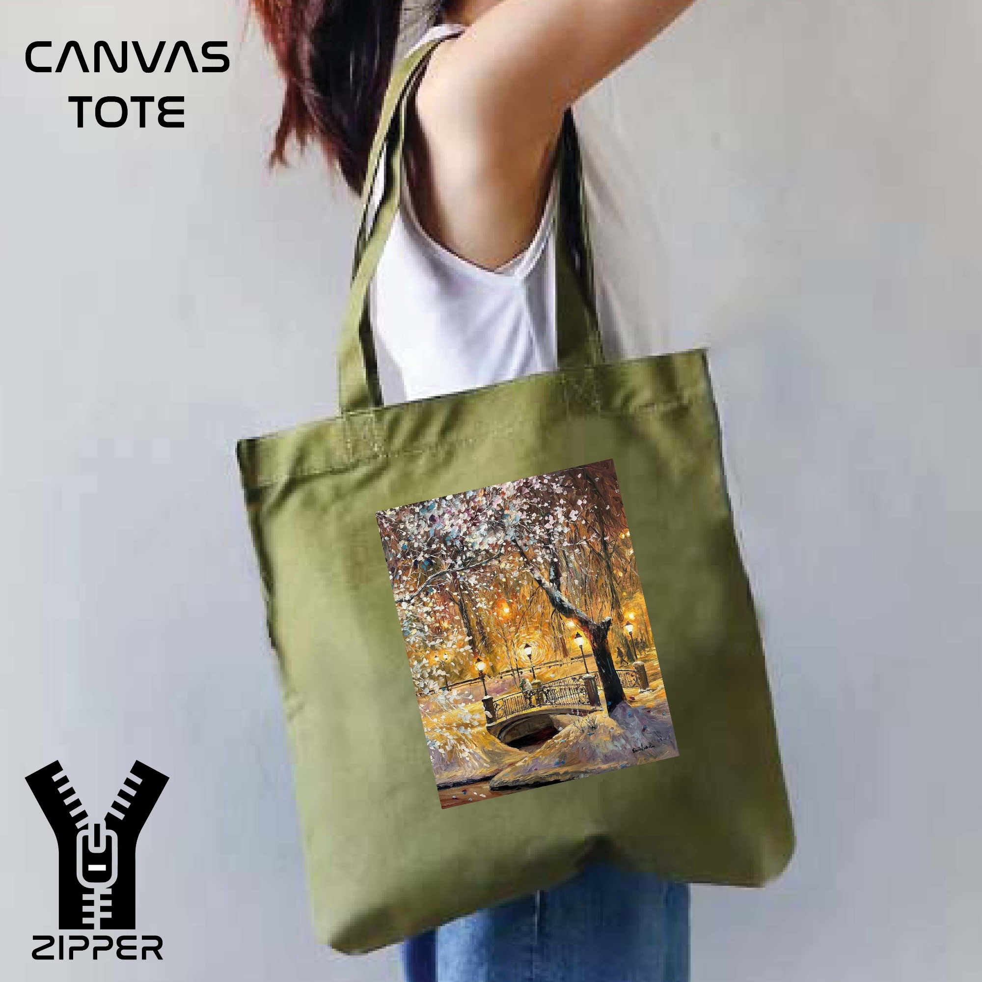 Picture of Canvas Tote Bag/Fashionable Top Handle Bag Olive Green Color with Zipper for girls For University/College/Trenndy Fashionable Women