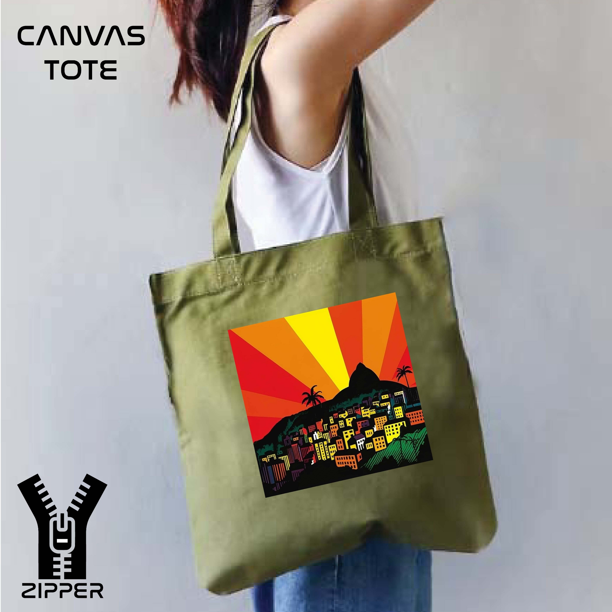 Picture of Canvas Tote Bag/Fashionable Top Handle Bag Olive Green Color with Zipper for girls For University/College/Trenndy Fashionable Women
