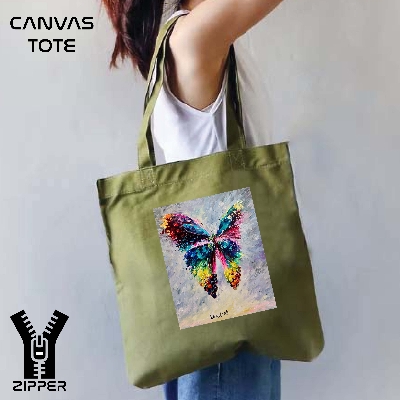 Picture of Canvas Tote Bag/Fashionable Top Handle Bag Olive Green Color with Zipper for girls For University/College/Trenndy Fashionable Women